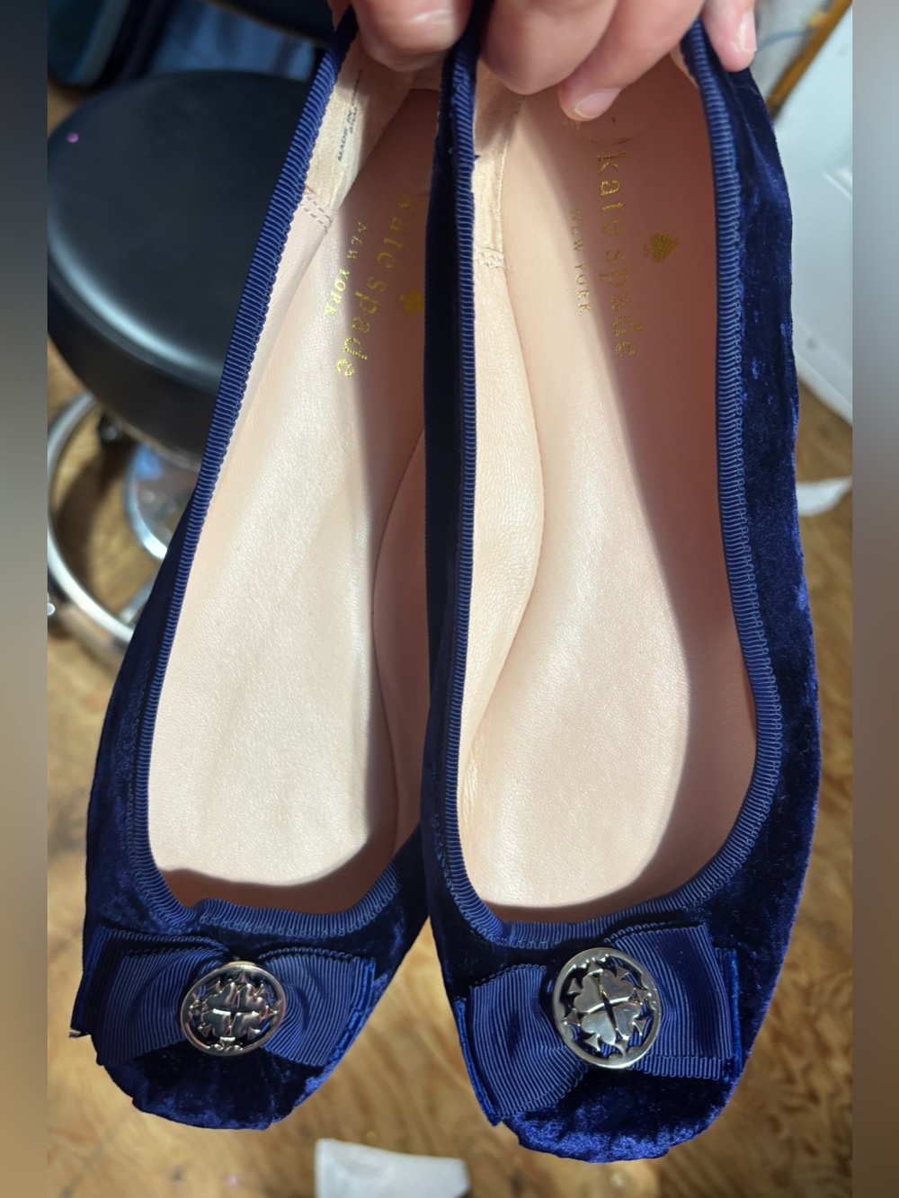 kate spade Navy Blue Velvet Ballet Flats with Bow Accent